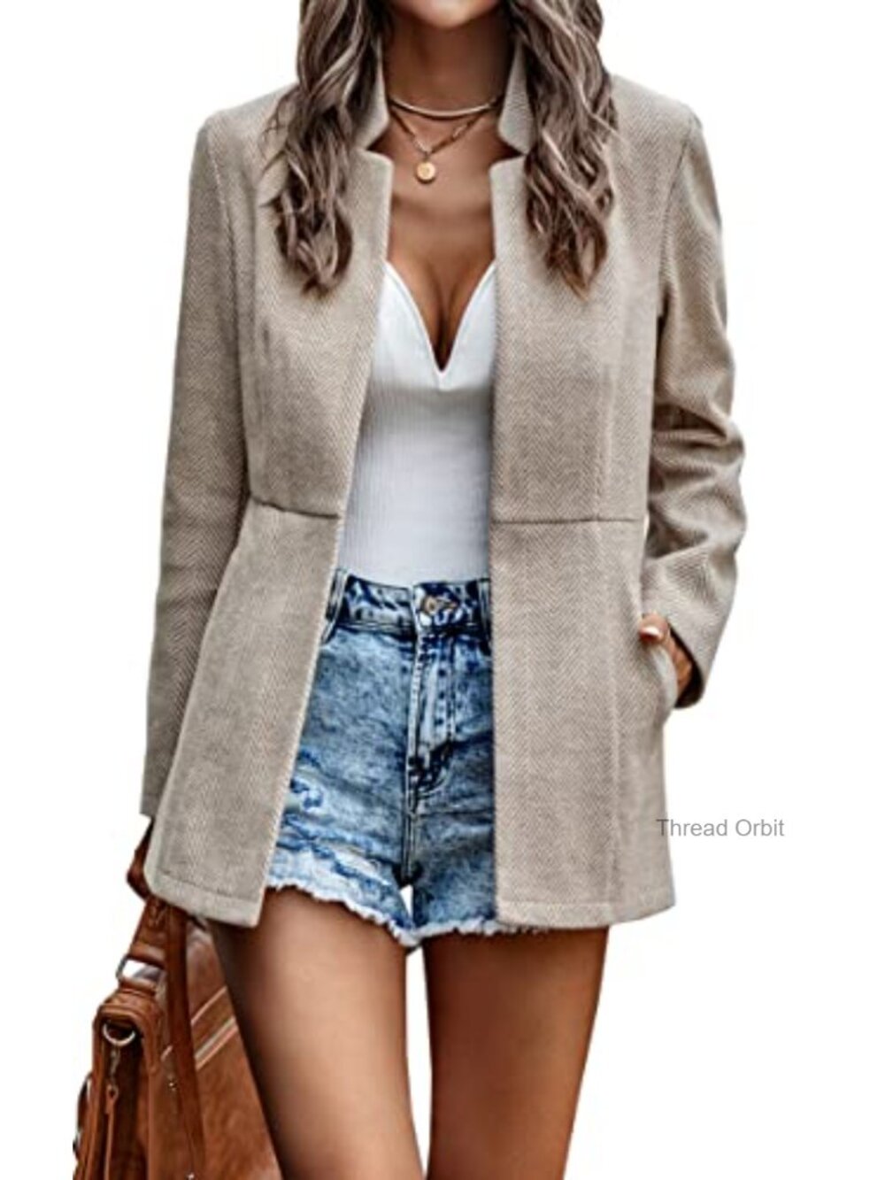 Women's Open Front Blazer Long Sleeve Stand Collar Trench Work Office Jacket